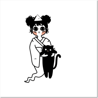 Kawaii Design “Ghost Girl with Cat“ | Cute Handmade Illustration | Cat Lover Gift | By Atelier Serakara Posters and Art